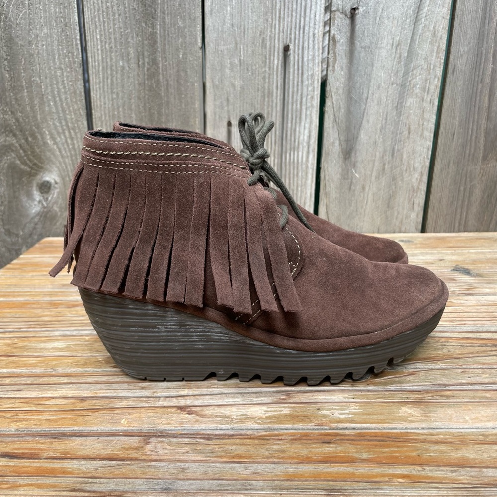 Fly London Yank Brown Suede Leather Fringe Booties Size 39